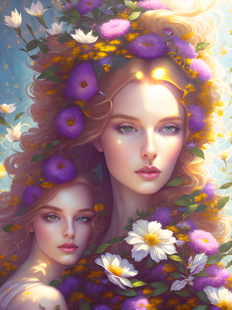 Illustrated portrait of two women with flowing hair and floral wreath on soft blue background