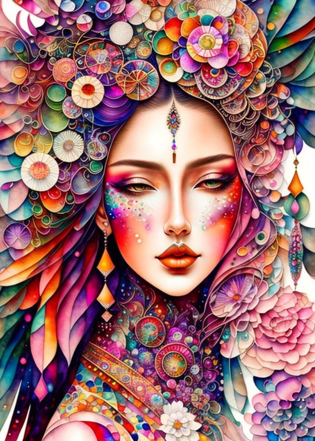 Colorful Woman Illustration with Floral and Geometric Headdress