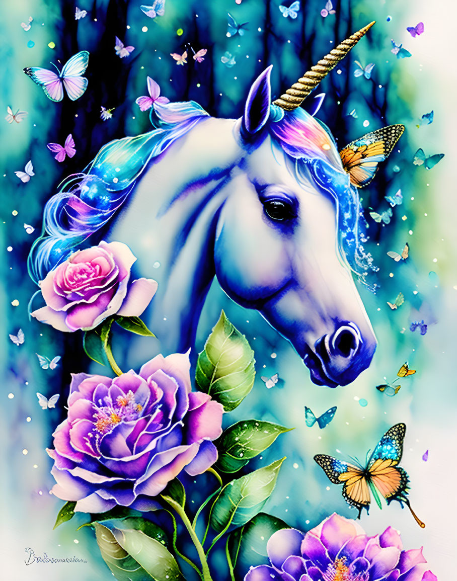 White Unicorn with Golden Horn and Blue Mane in Pink Rose and Butterfly Scene