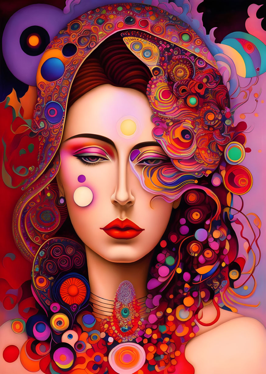 Colorful digital artwork: Woman with vibrant, stylized hair on purple backdrop