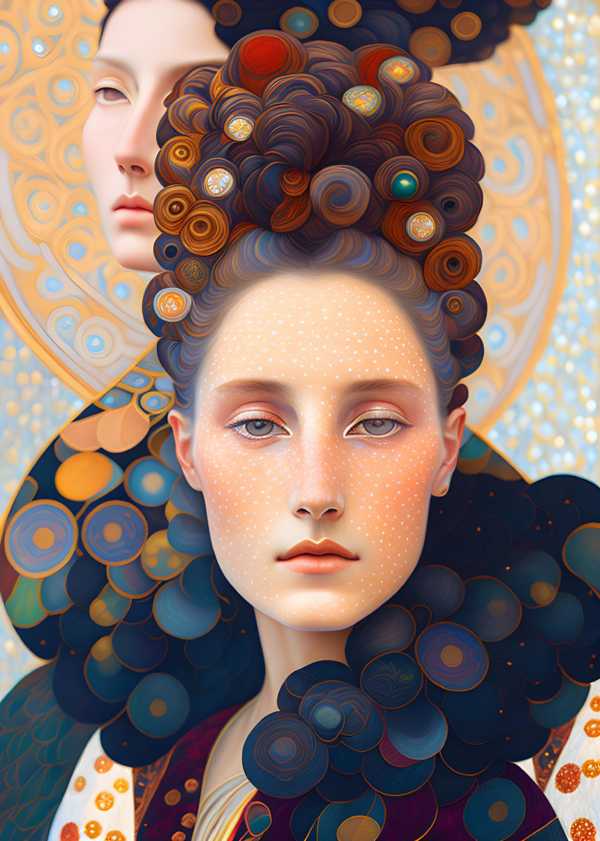 Stylized digital artwork of two female figures with intricate hair and vibrant motifs