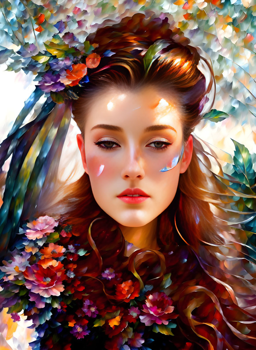 Vibrant digital artwork of a woman with floral hair ornaments and colorful flowers.