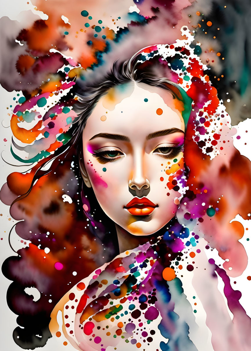 Vibrant watercolor splashes blend into woman's face and hair