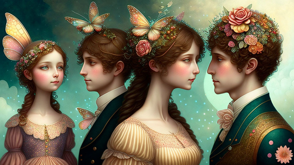 Stylized characters with ornate hair decorations in whimsical setting