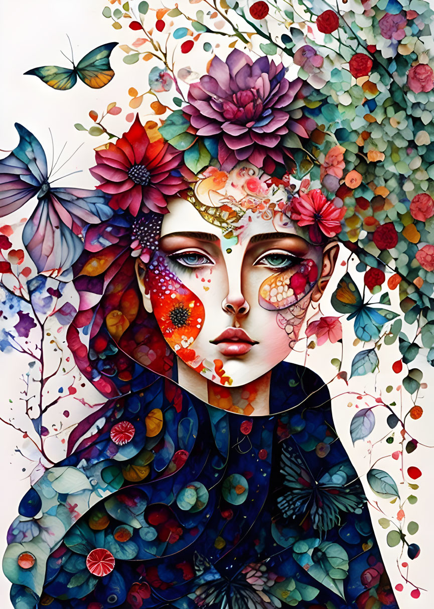 Colorful woman's face with flowers and butterflies in surreal composition