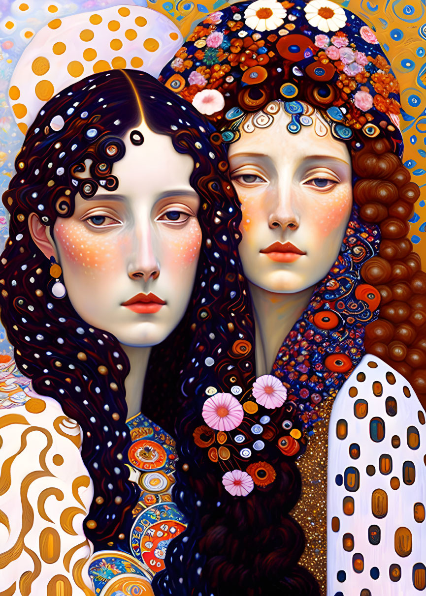 Stylized fantastical female figures with intricate floral patterns