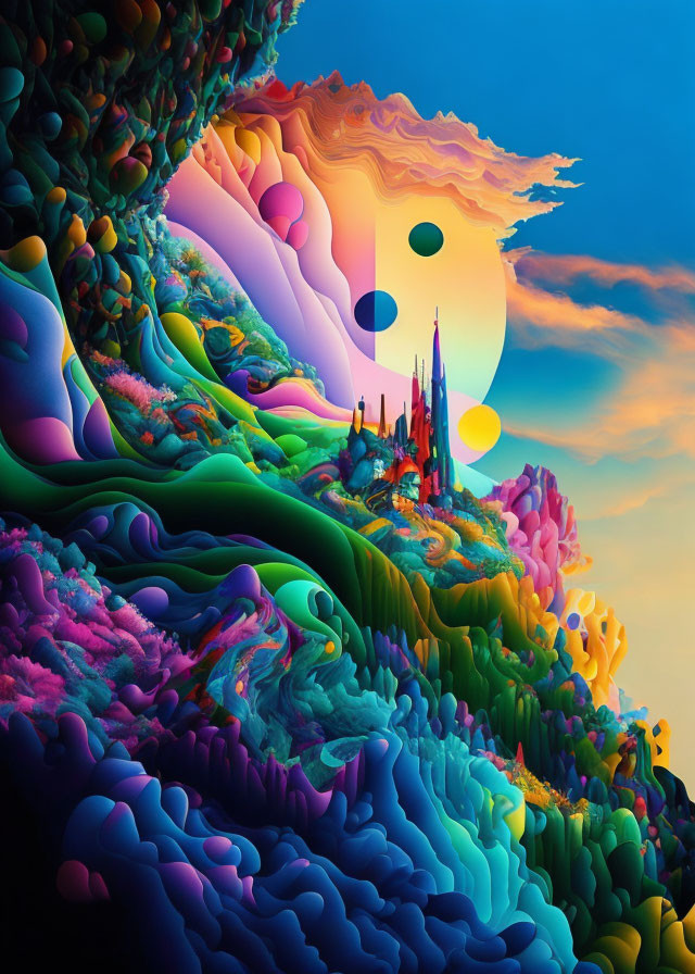 Colorful Abstract Digital Artwork with Psychedelic Landscape and Floating Orbs