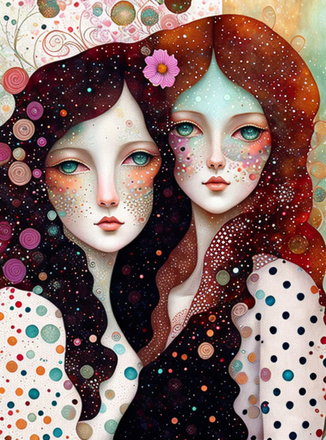 Stylized female figures with dotted skin and multicolored eyes