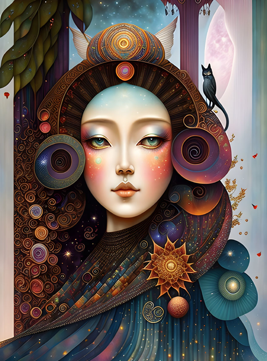 Surreal digital artwork: woman with cosmic features, planets, black cat.