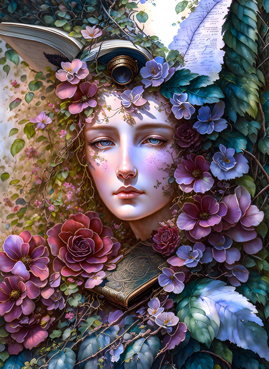 Surreal portrait of woman with floral adornments and book