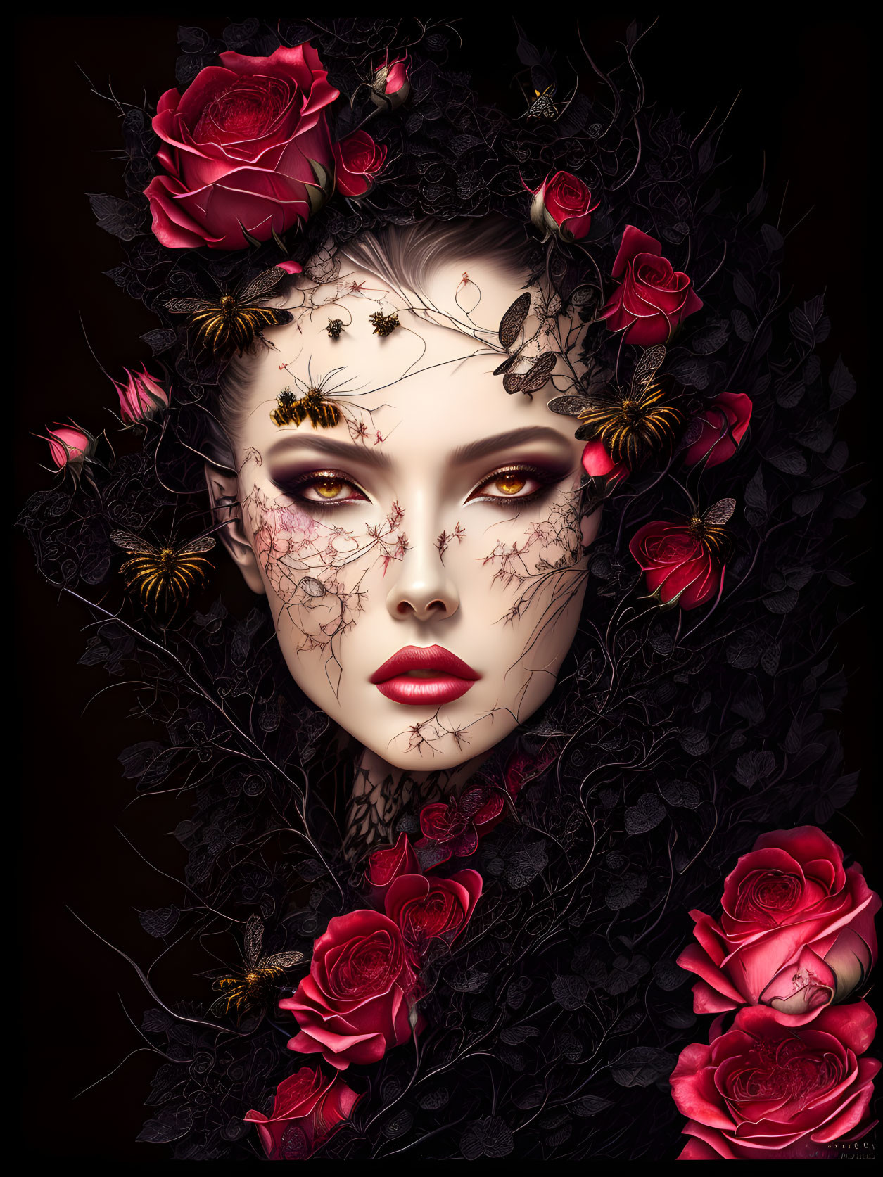 Woman's face with floral and insect motifs on black background