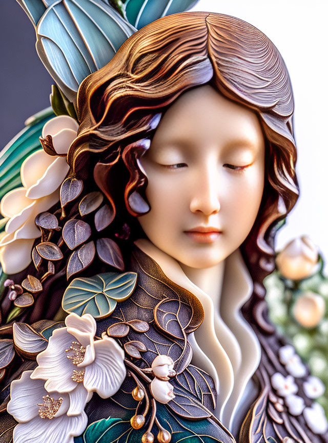 Detailed Woman Figurine with Flowing Hair and Floral Decorations