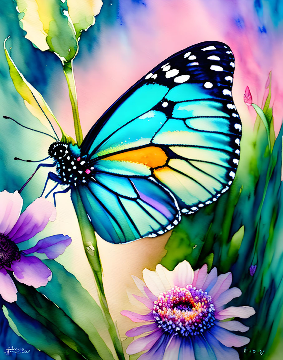 Colorful watercolor painting of blue butterfly on flowers with dreamy background