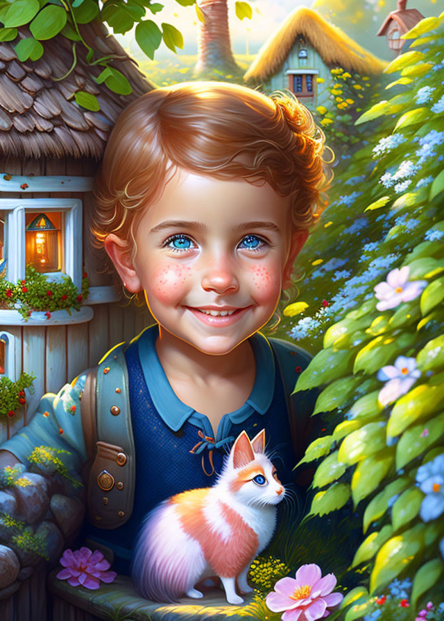 Child with blue eyes and curly hair stands with kitten by flowers and cottage