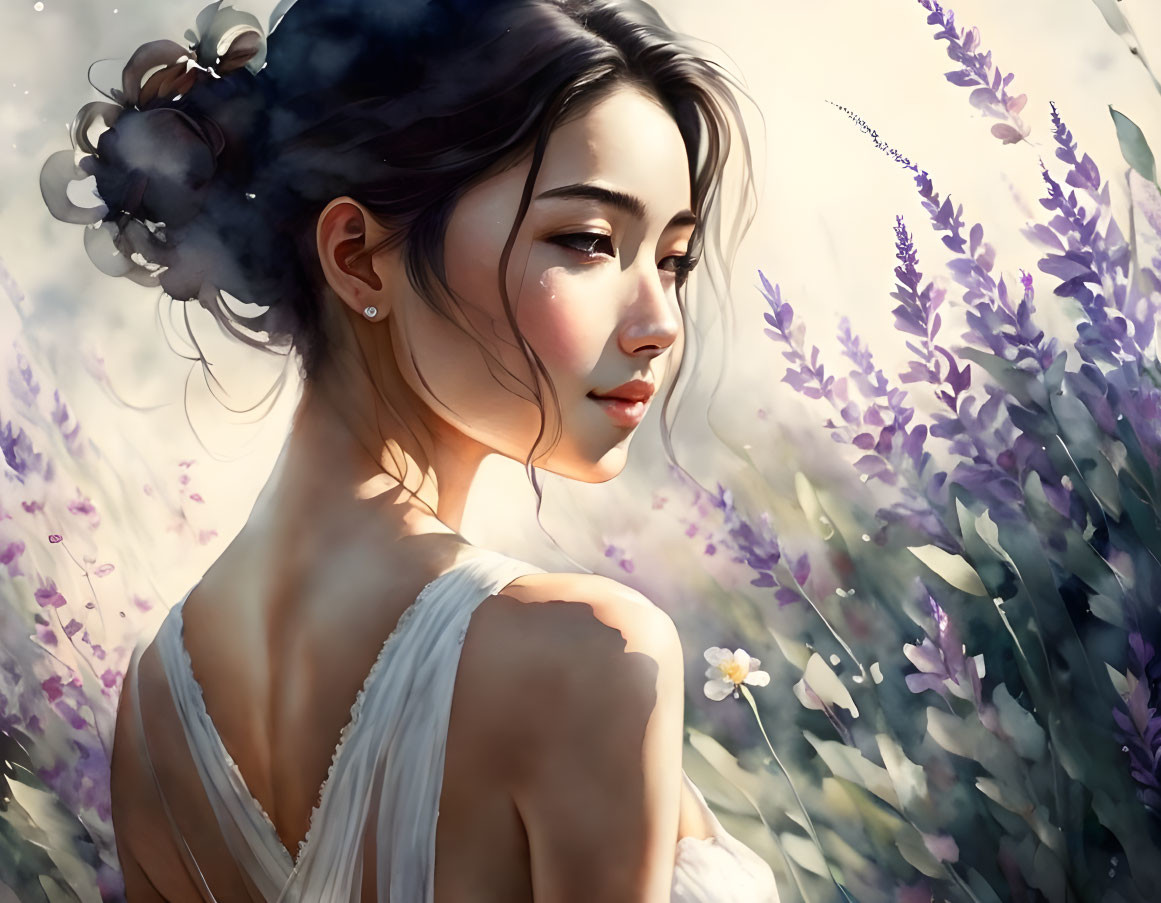 Digital painting of woman in white dress with serene expression amidst purple flowers