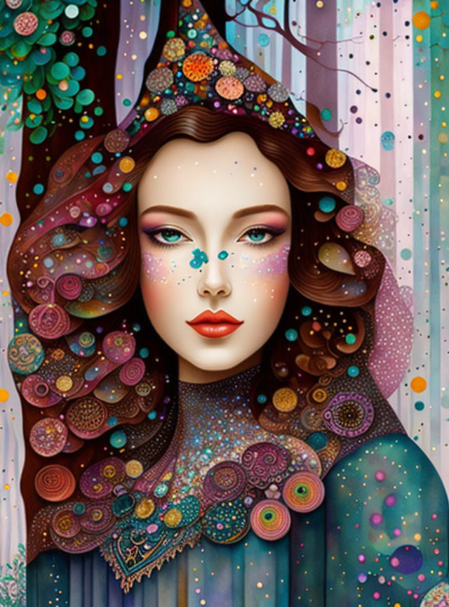 Colorful Forest-Inspired Woman Illustration with Elaborate Hair