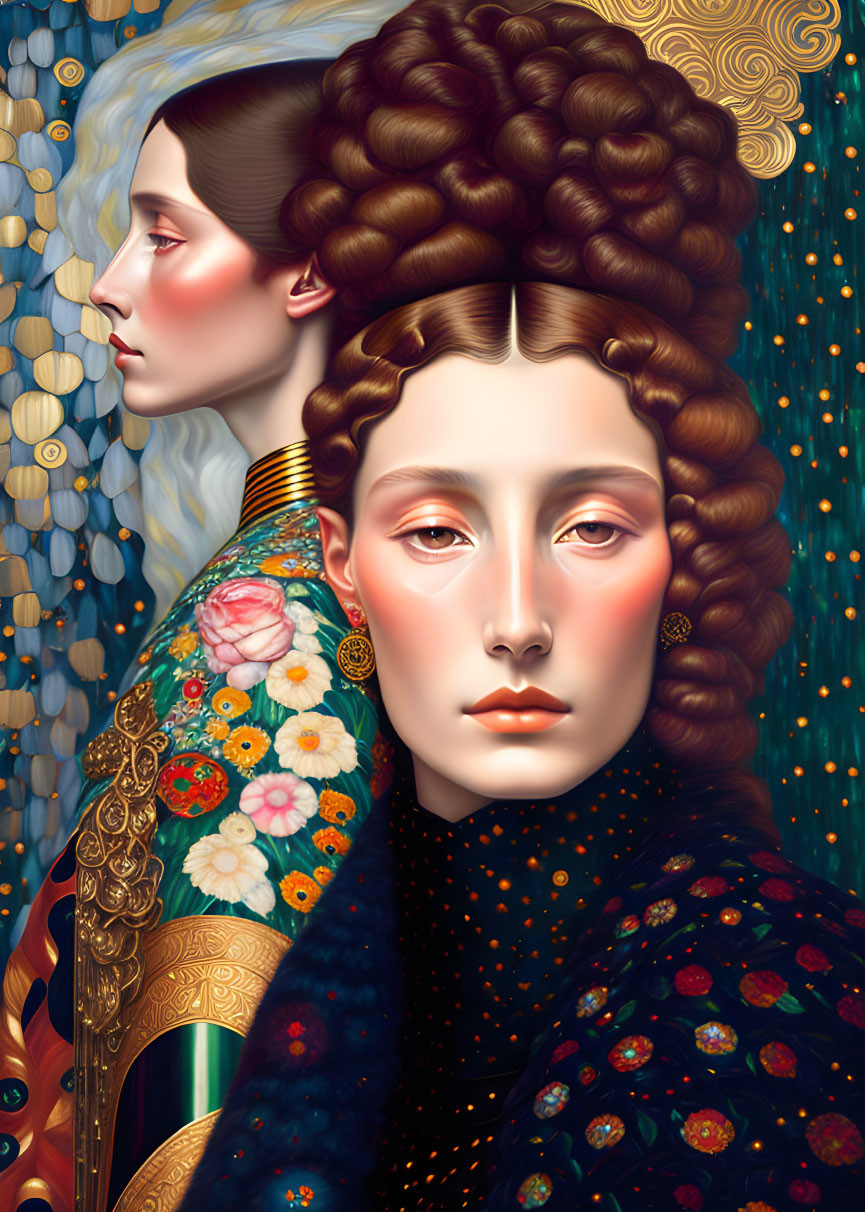 Illustration of two women with intricate hairstyles and ornate clothing against golden backdrop