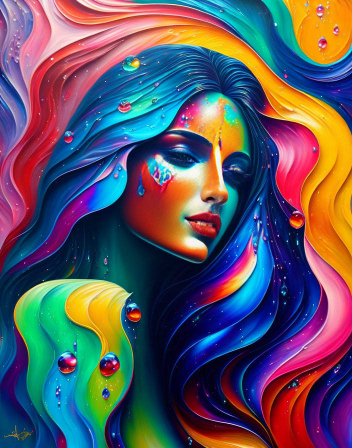 Colorful digital artwork of a woman with vibrant multicolored hair and striking makeup