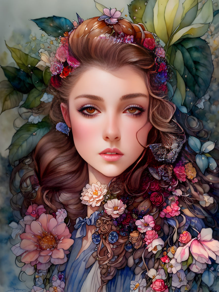 Illustrated portrait of woman with voluminous brown hair, flowers, butterflies, and floral garment