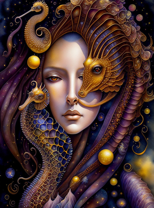 Surreal portrait of woman with seahorse companions and cosmic motifs