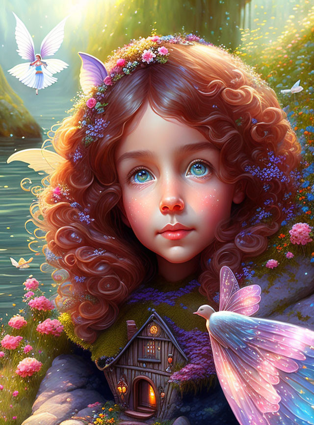 Girl with Curly Brown Hair and Blue Eyes in Floral Crown Surrounded by Butterflies in Enchant