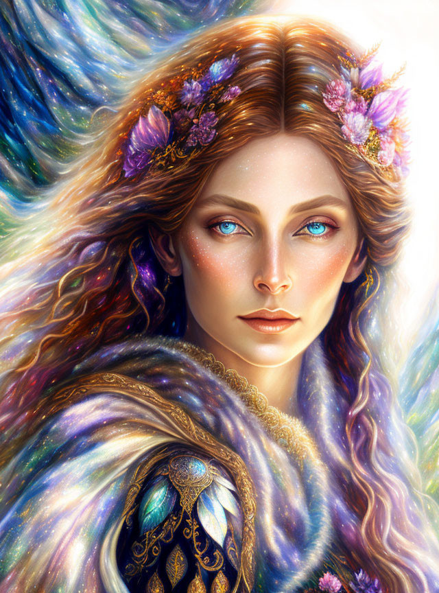 Fantastical Female Figure Portrait with Flowing Hair and Flowers