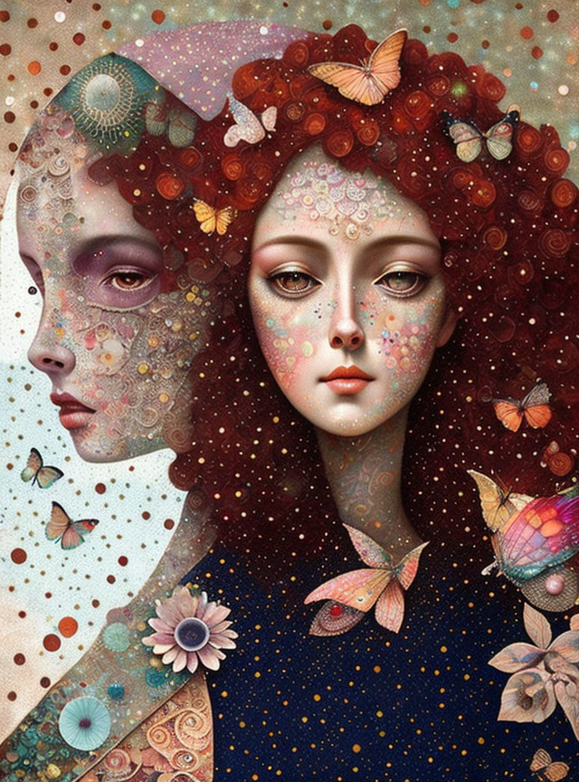 Surreal Artwork: Two Women with Celestial Designs and Butterflies