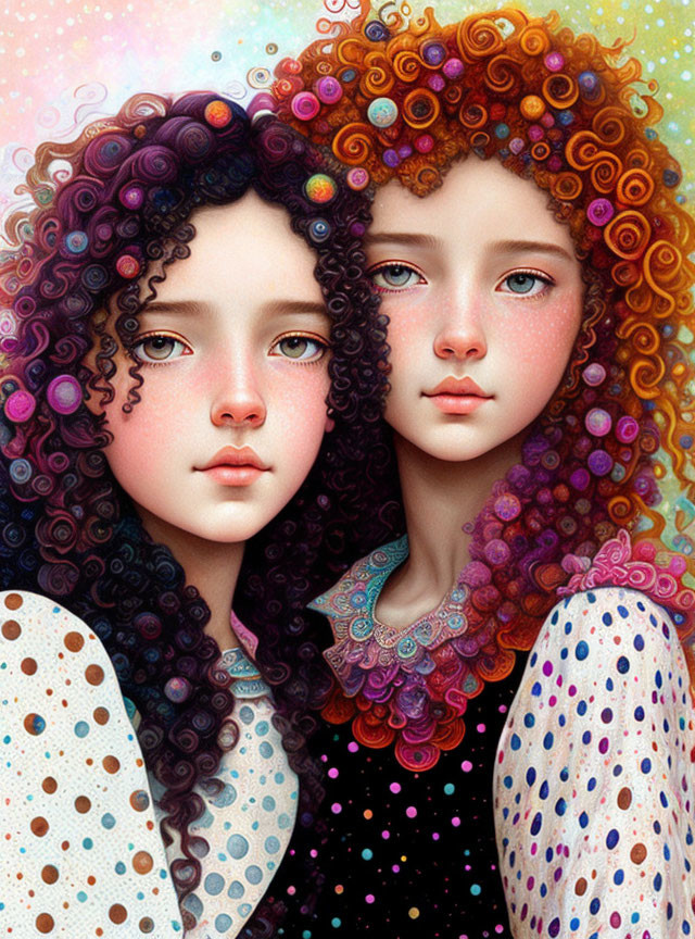 Contrasting curly hair girls with colorful details on speckled background