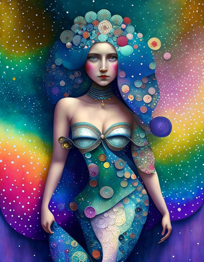 Cosmic and Floral Patterns on Female Figure in Colorful Image