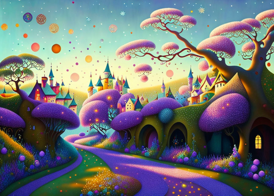 Colorful Stylized Trees, Winding Path, Fantastical Castle: Whimsical Landscape