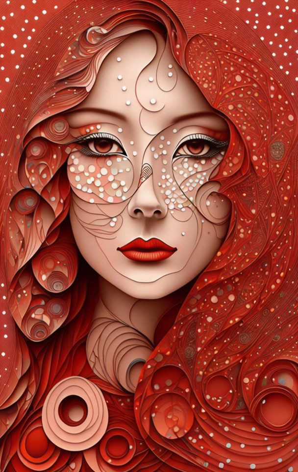 Detailed illustration of a woman with red wavy hair and decorative white patterns.