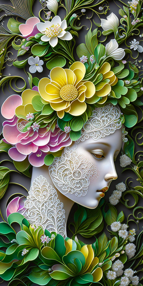 Vertical Stylized Female Face with Floral Design