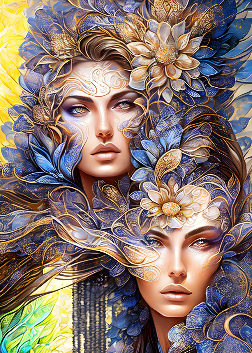 Stylized women with ornate floral headpieces in blue and gold tones