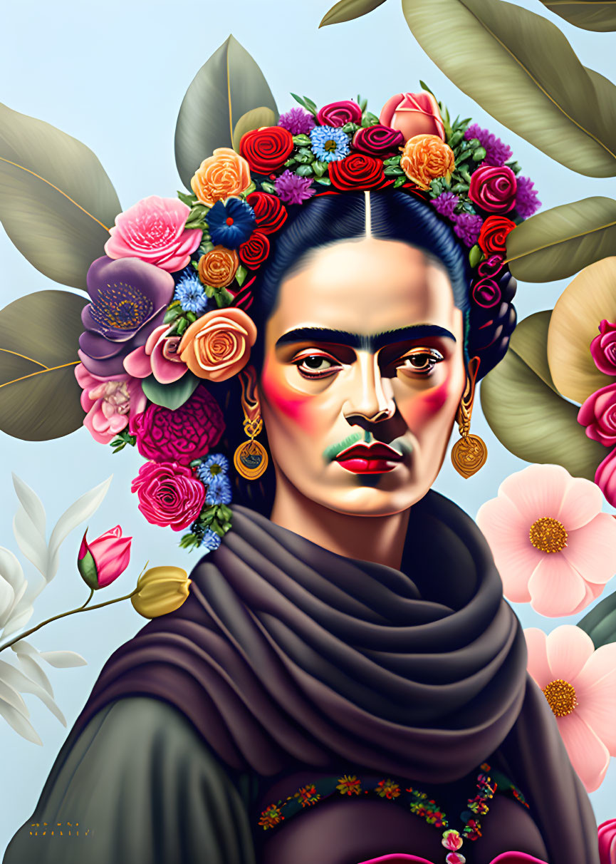 Vibrant illustration of woman with floral headpiece and large flowers.