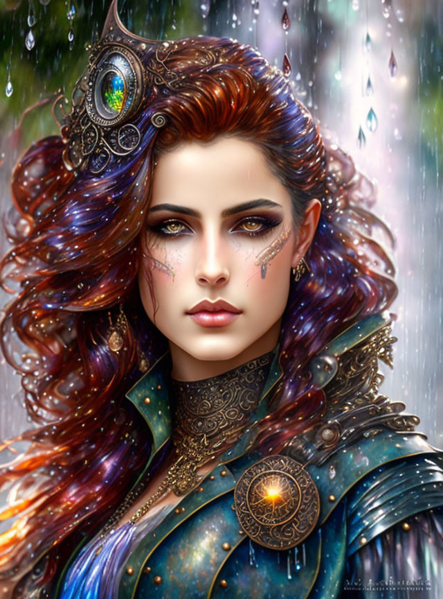 Colorful digital artwork of a woman with elfin ears and ornate armor in a rainy setting