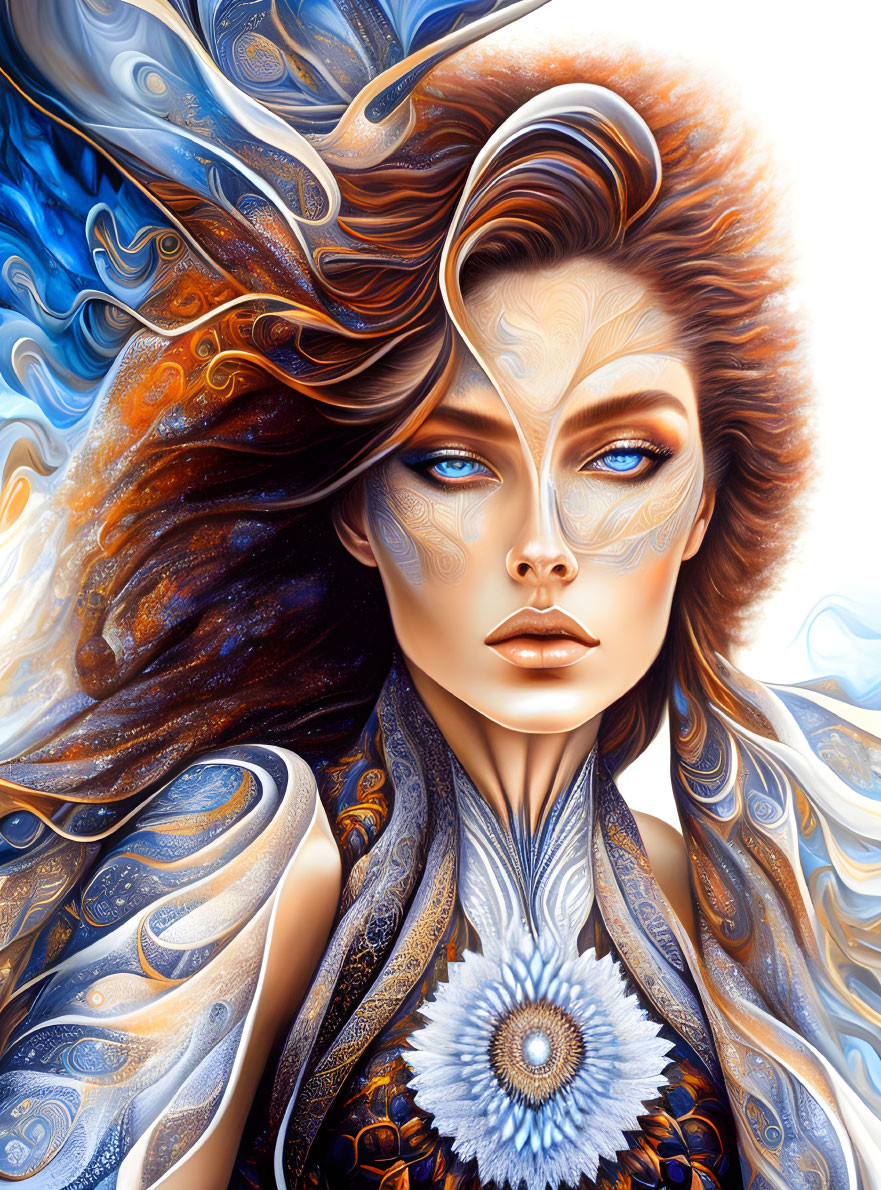 Digital art portrait of woman with flowing hair and blue-gold skin patterns