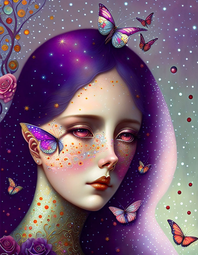 Portrait of Woman with Purple Hair and Butterfly Adornments