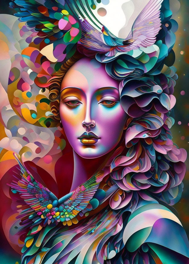 Colorful digital artwork of a woman with bird features and a hummingbird.