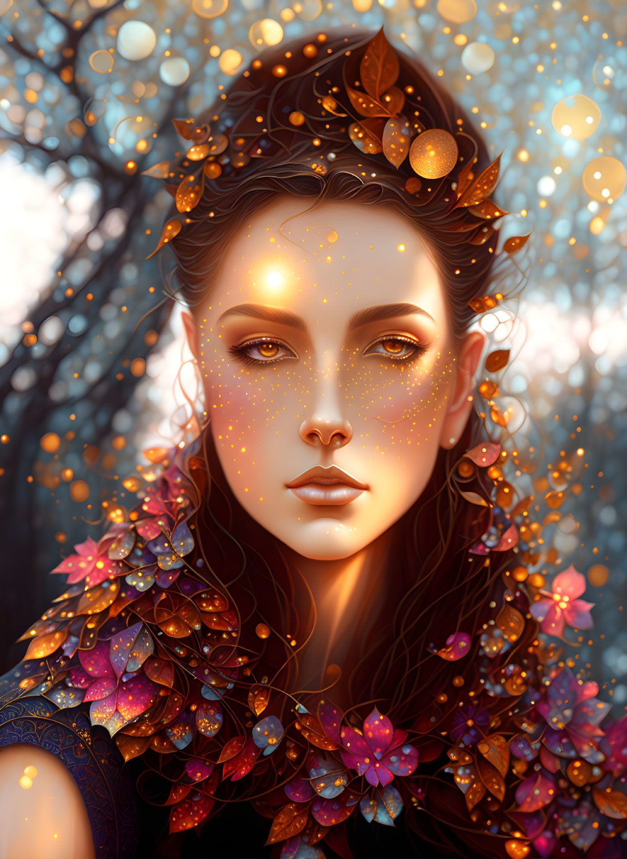 Illustrated portrait of mystical woman with golden leaves and sparkles on autumnal bokeh.