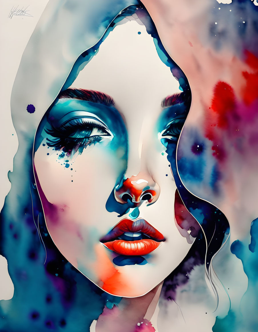 Vibrant digital artwork: woman's face with liquid effect and watercolor textures