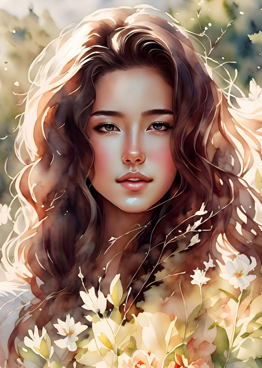 Illustrated portrait of woman with wavy hair among light flowers and foliage in warm tones.