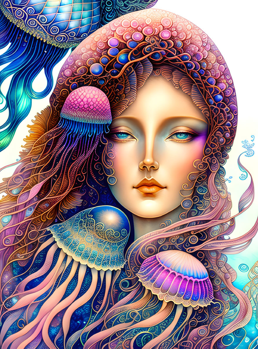 Detailed aquatic-themed illustration of a woman with vibrant colors and intricate patterns.