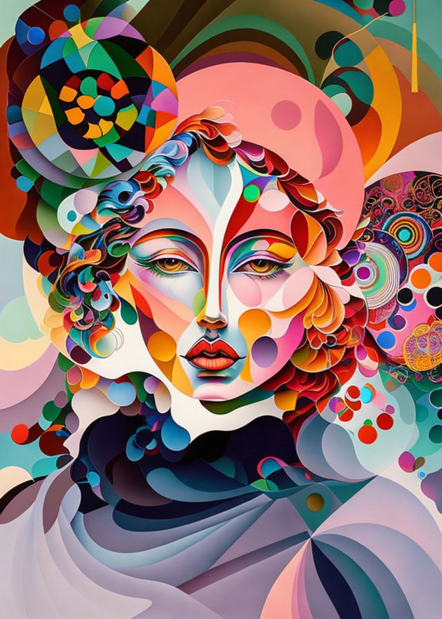 Abstract Portrait of Female Figure with Colorful Geometric and Organic Shapes