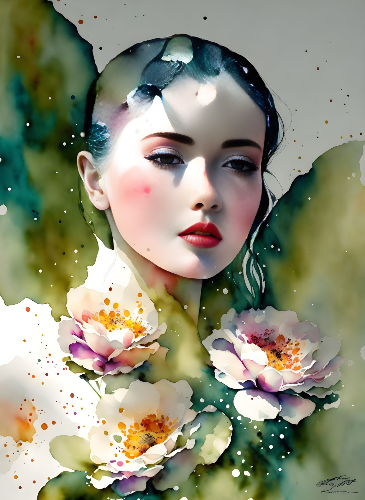 Surreal digital artwork: Woman with floral elements and watercolor splashes