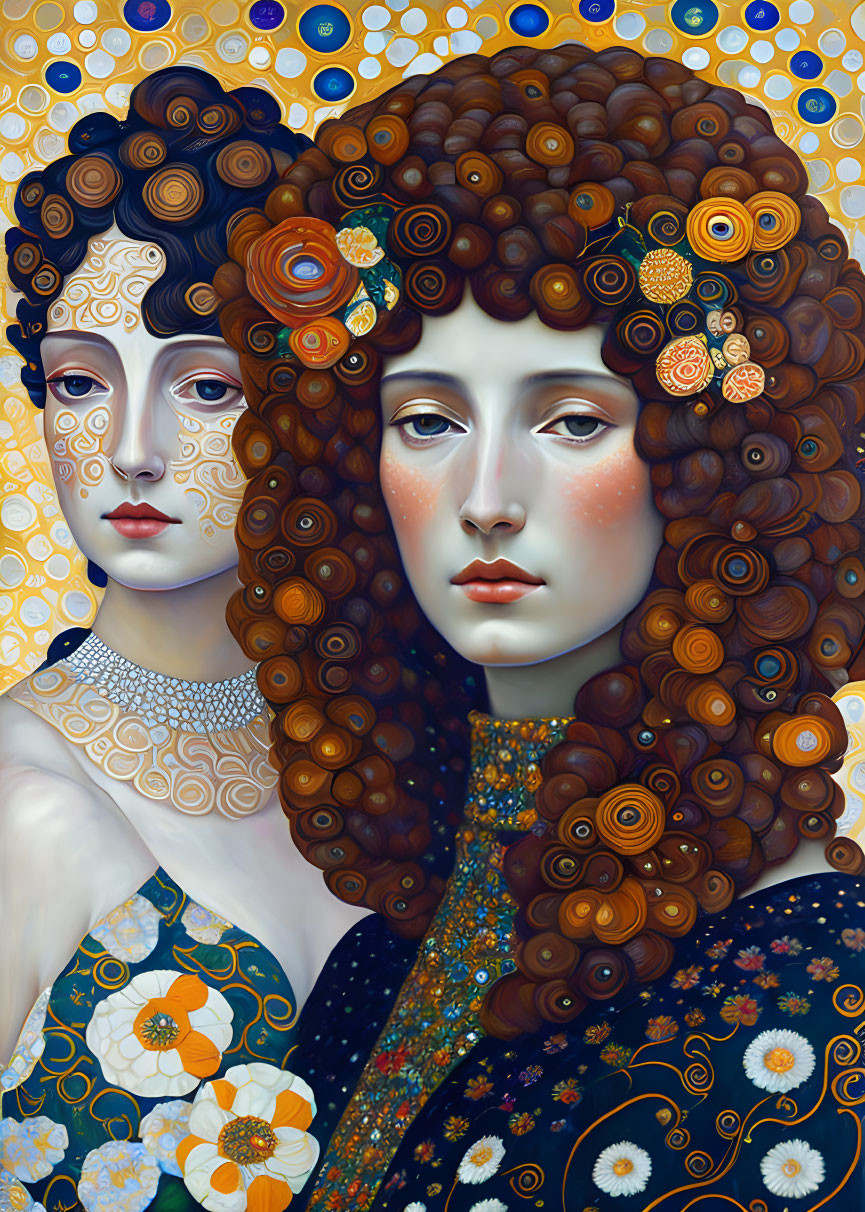 Surreal digital artwork of two women with ornate skin and flower-adorned hair