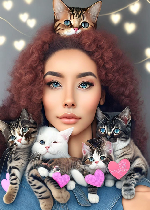 Illustration of woman with red curly hair and cats on heart bokeh background