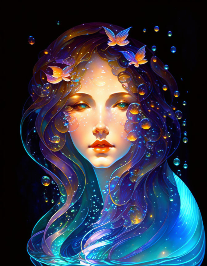 Colorful Woman's Face with Butterflies and Bubbles on Dark Background