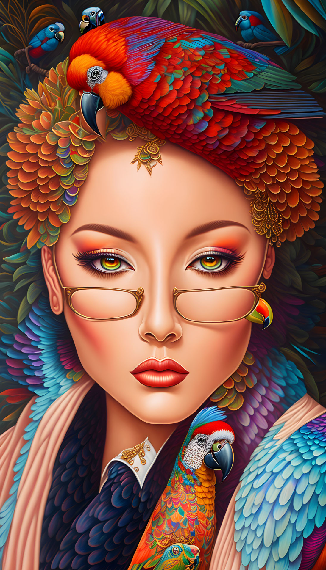 Colorful Woman with Feathers, Parrots, and Gold Accessories