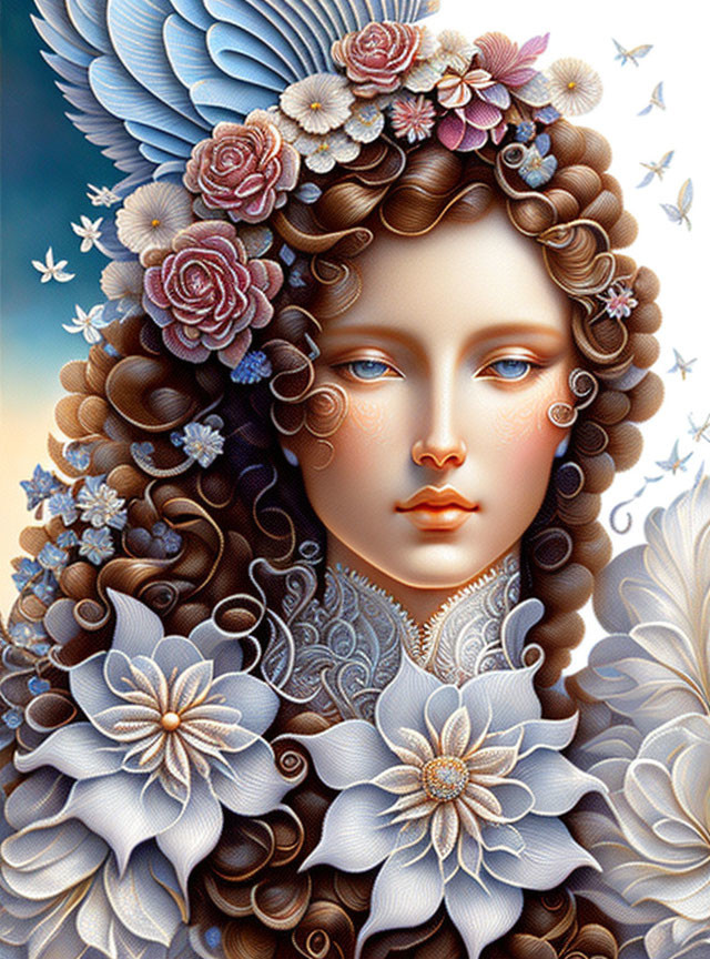 Detailed floral headdress on woman with blue eyes