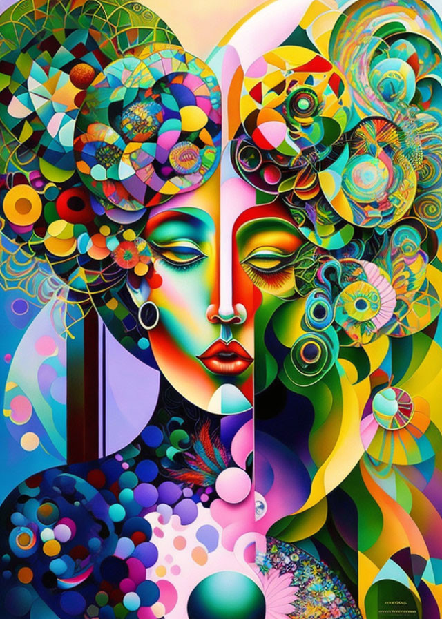 Colorful Abstract Portrait with Stylized Female Face and Surreal Elements